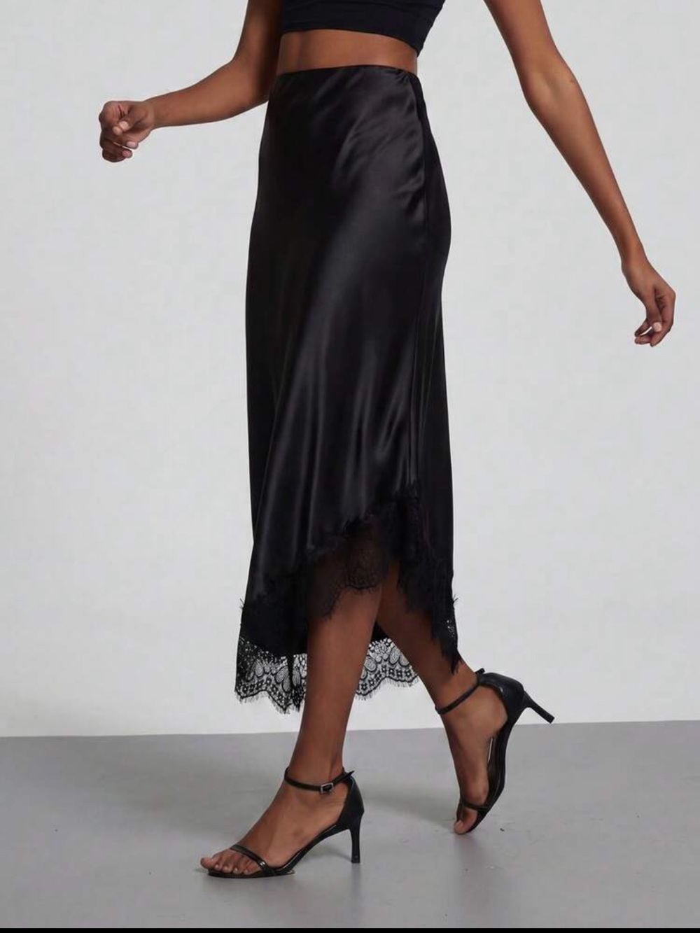 Satin Lace-Trim Asymmetrical High Rise Midi Skirt - Black - Picture 5 of 15